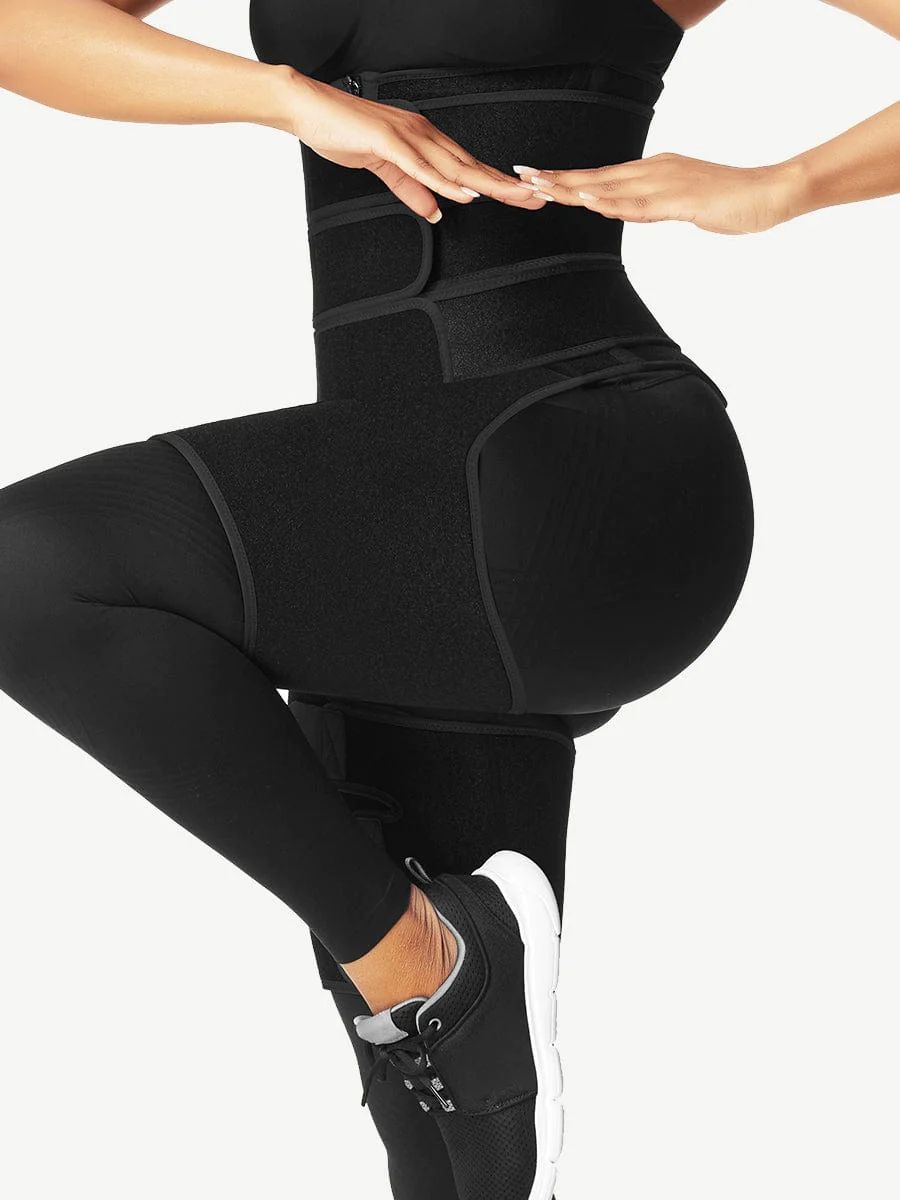 E- Black Tummy And Thigh Shaper Neoprene 3 Belts Abdominal Control
