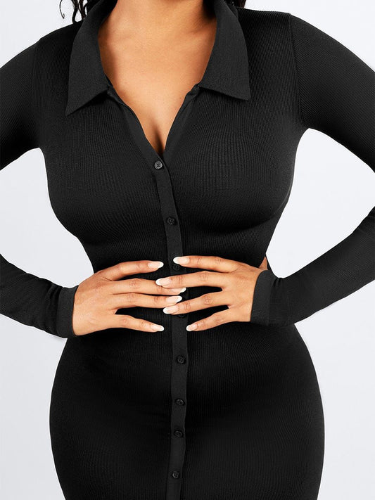 L- Eco-friendly Seamless Waist Trimming Retro Long Sleeve Shirt Dress